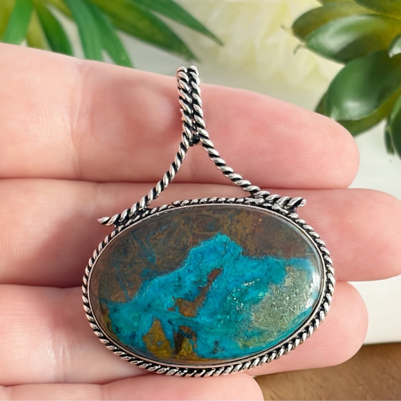 Blue Chrysocolla Pendant Chunky Boho Southwest New 925 Sterling Silver Overlay - Picture 2 of 6